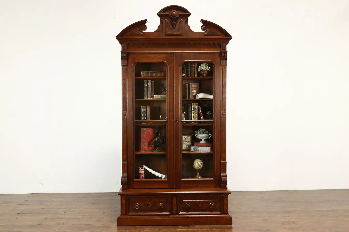Main image of Victorian Antique Walnut & Burl Office or Library Bookcase, Wavy Glass