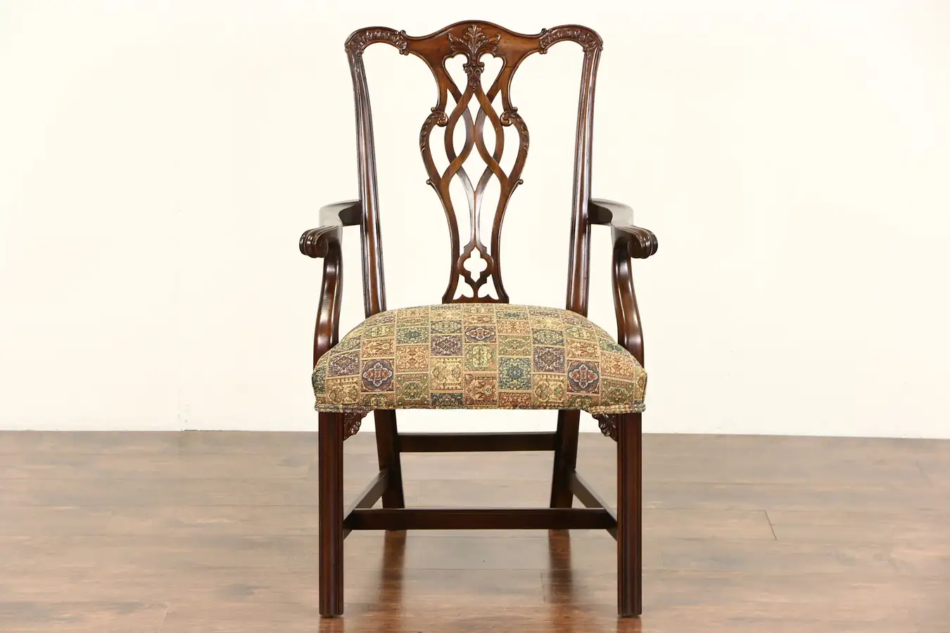 Main image of Georgian Chippendale Vintage Carved Desk Chair with Arms, New Upholstery