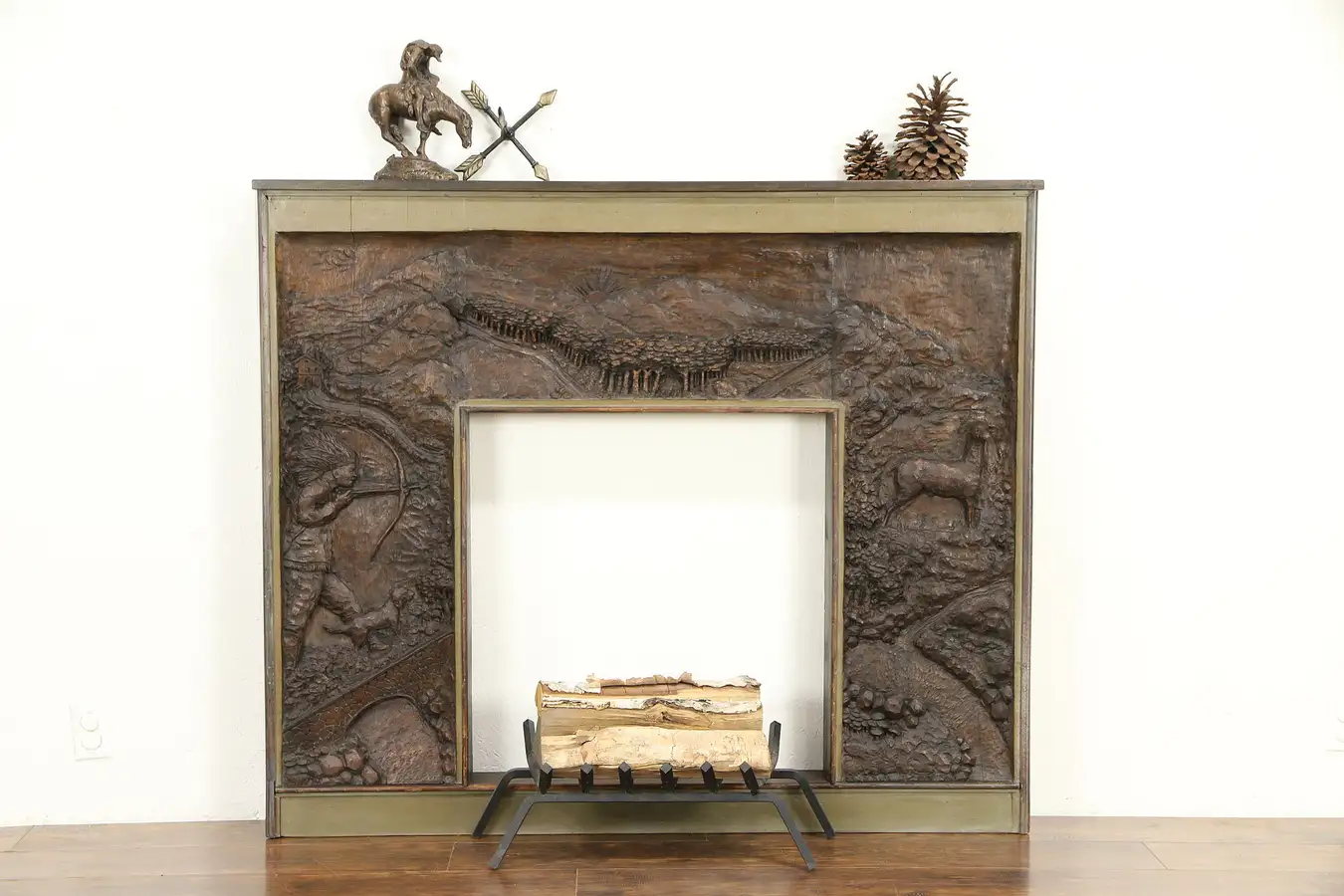 Main image of Oak Art Carved Antique Architectural Salvage Mantel Sculpted Indian Motif