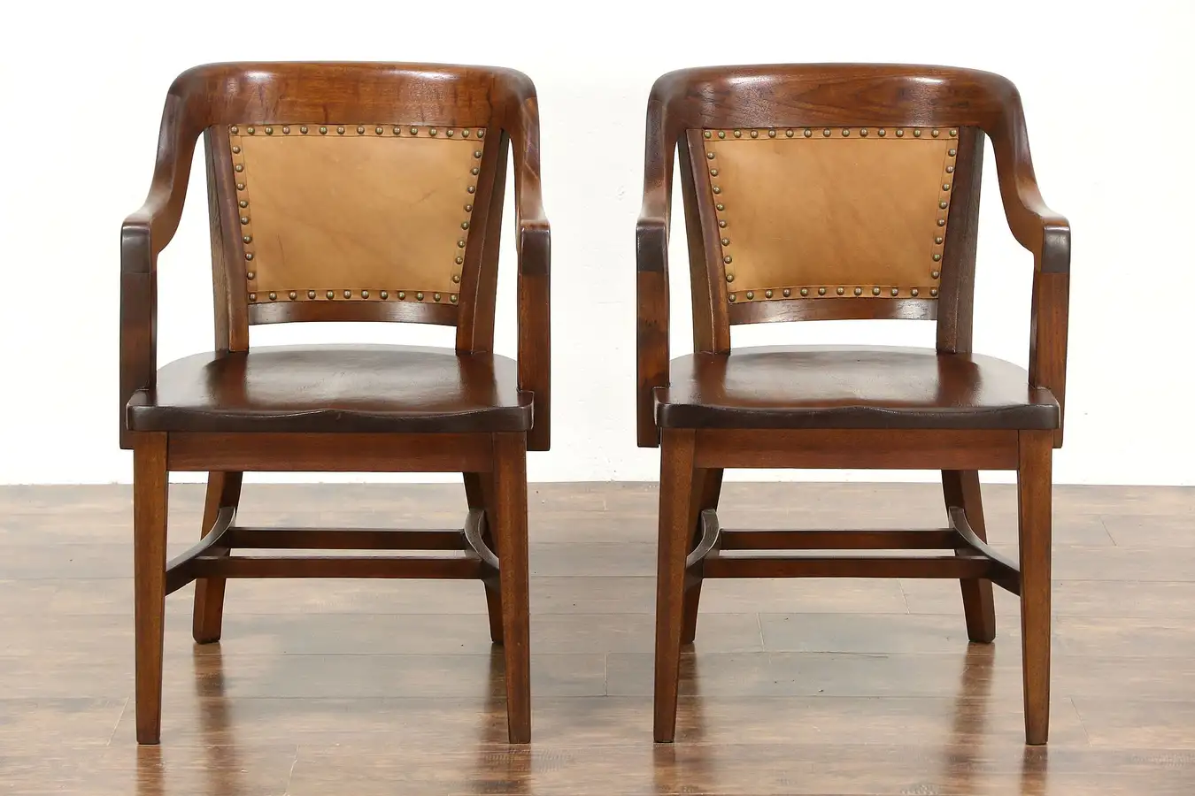 Main image of Pair of Antique Mahogany & Leather Banker Chairs, Signed Lome, Chicago