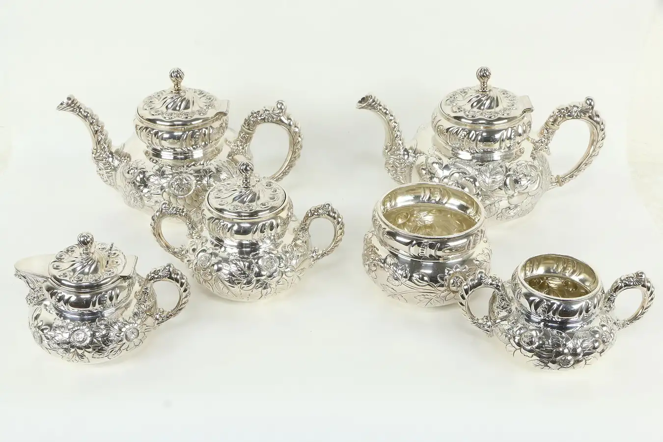 Main image of Victorian Antique Silverplate Roses 6 pc Tea & Coffee Set, Meriden