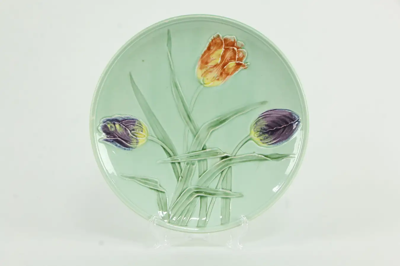 Main image of Majolica Antique 9 1/2" Plate, Hand Painted Tulips, Made in Germany