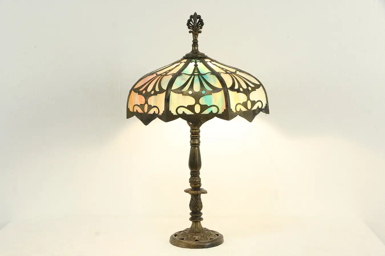 Main image of Curved Panel Stained Glass Shade Antique Lamp Hand Painted Base, Milcast