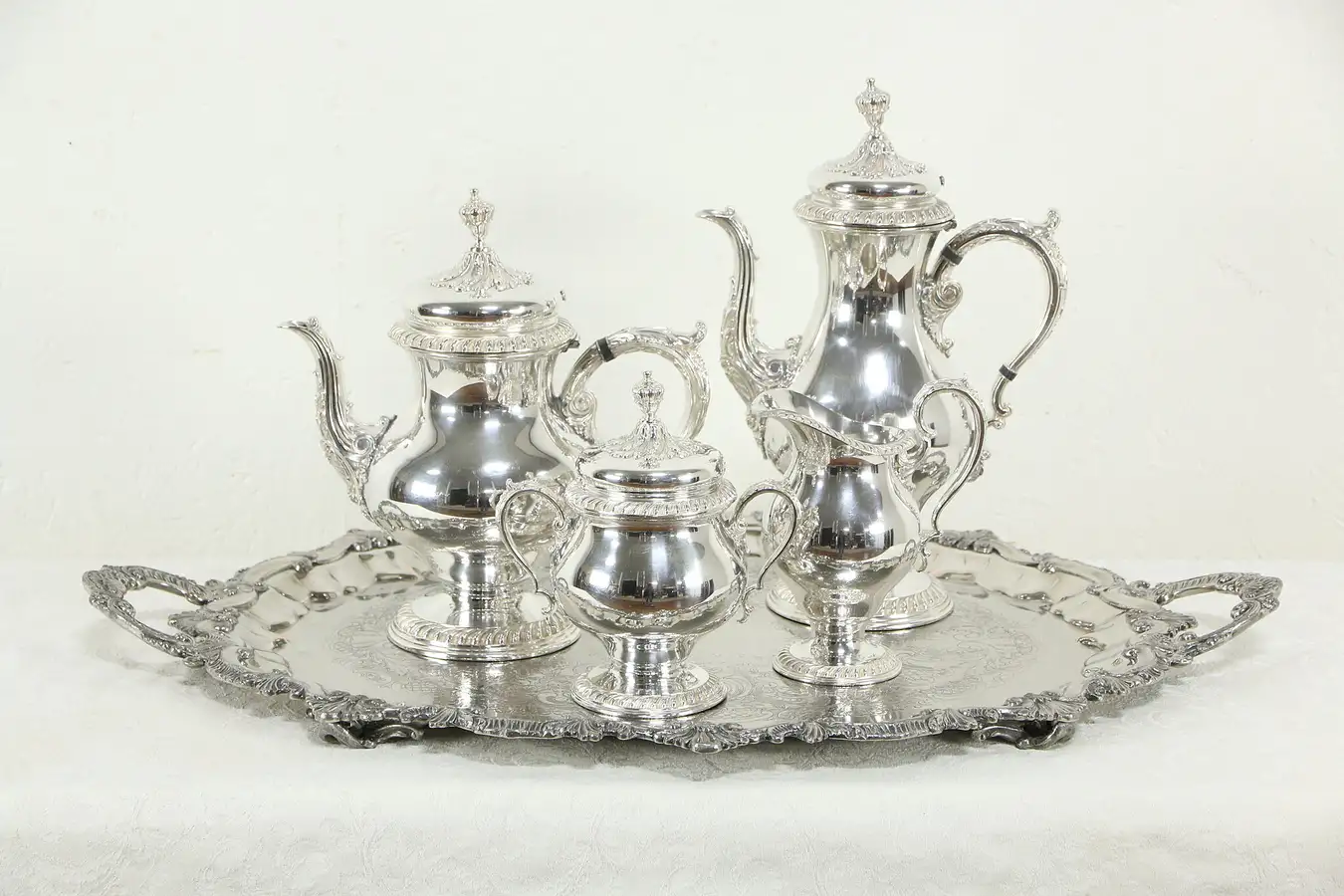 Main image of Silverplate Antique Large Tea & Coffee Service, 5 Pc Set with Tray Signed