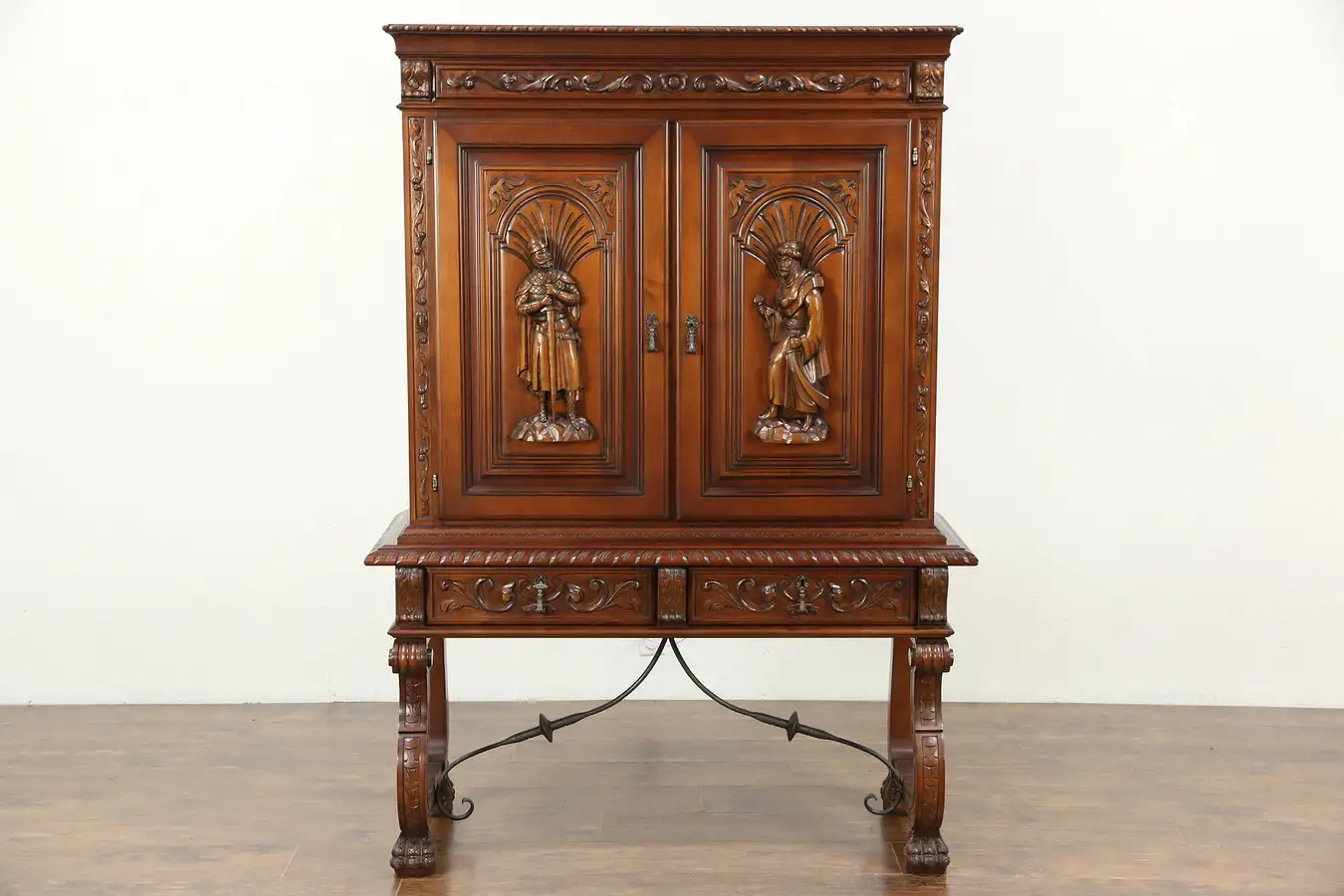 Main image of Spanish Colonial Vintage Lighted Bar Cabinet, Carved Figures