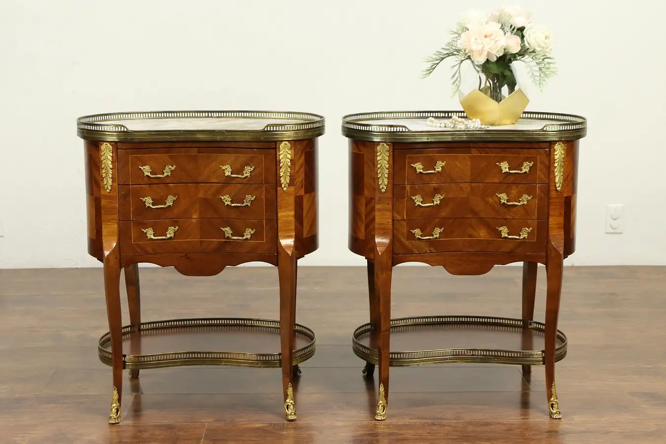 Main image of Pair Italian Vintage Kidney Shape End Tables or Nightstands, Marble Tops