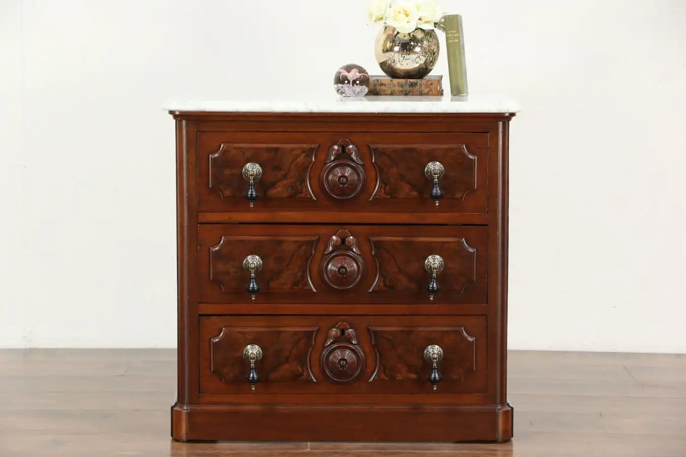Main image of Victorian Antique Walnut Chest or Commode, Marble Top, Armstrong of Evansville