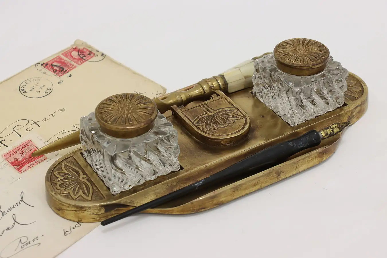 Main image of Victorian Antique Bronze Finish Double Desk Glass Inkwell