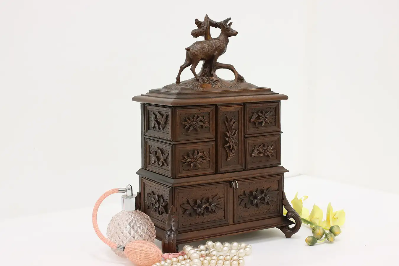 Main image of Black Forest Swiss Carved Walnut Jewelry Chest Interlachen