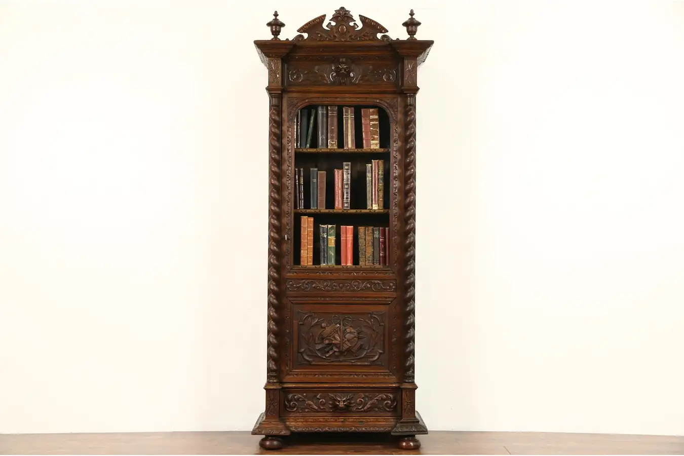 Main image of Black Forest 1870 Antique Oak Bookcase, Carved Spiral Columns & Gargoyles