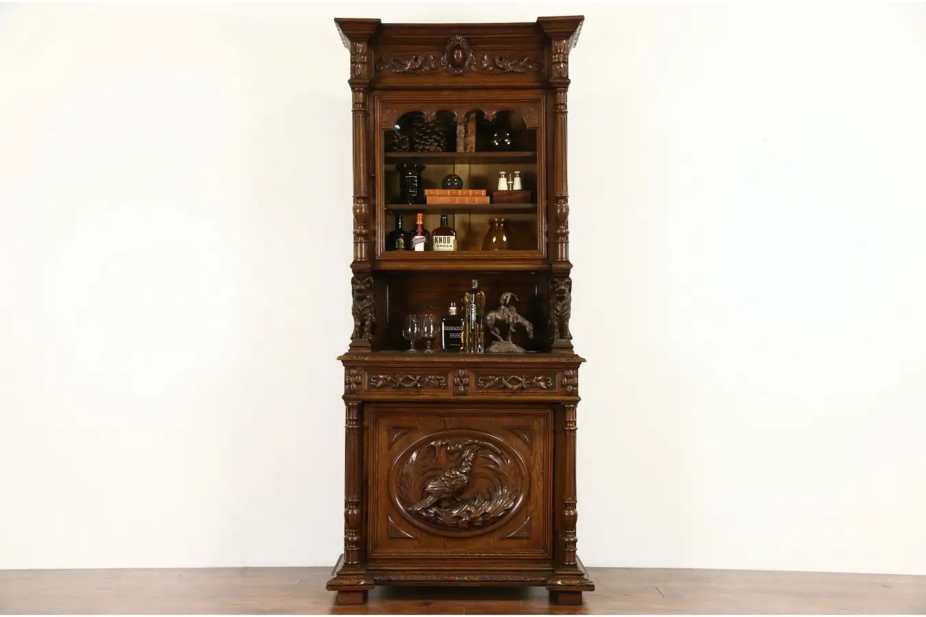 Main image of Oak 1880's Black Forest Cabinet, Carved Lions, Birds & Grapevine, Beveled Glass