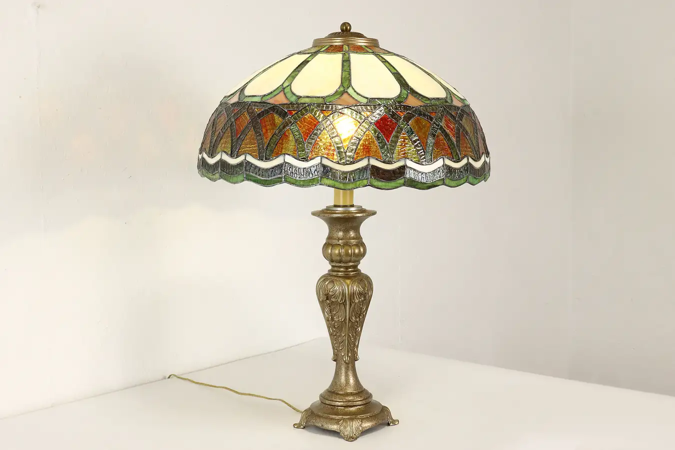 Main image of Leaded Stained Glass Shade Vintage Office or Library Desk Lamp