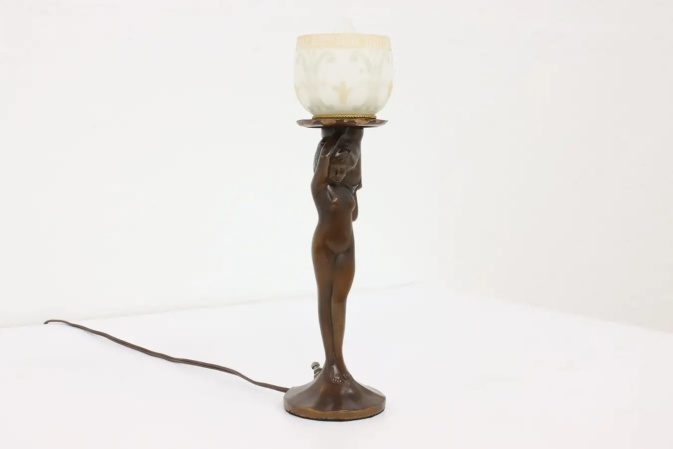Main image of Art Nouveau Vintage Nude Woman Statue Lamp, Etched Art Glass Shade