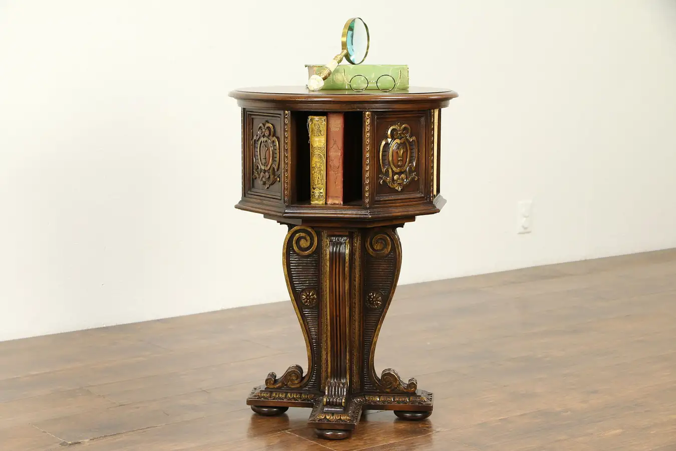 Main image of Tudor Style Antique Spinning Chairside Table & Bookshelf, Hampton