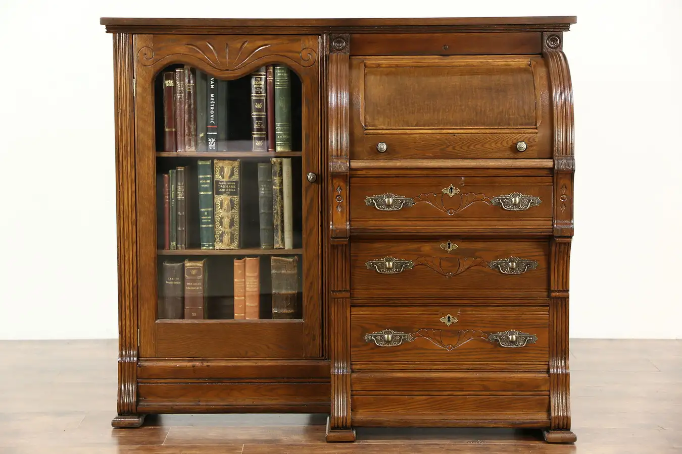 Main image of Oak Antique Victorian Eastlake Antique Cylinder Roll Top Desk & Bookcase
