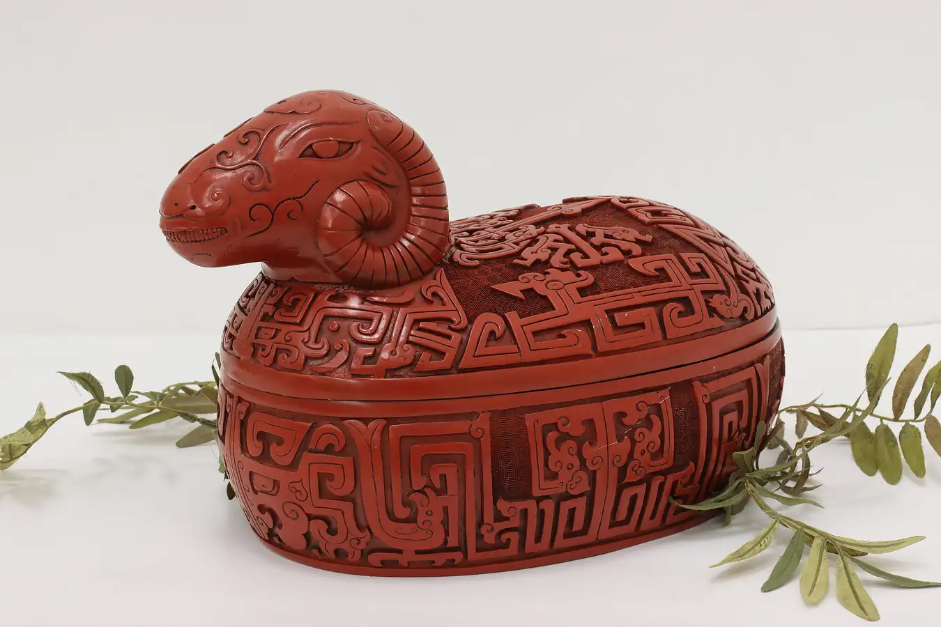 Main image of Chinese Vintage Carved Cinnabar Lacquer Ram Keepsake Box