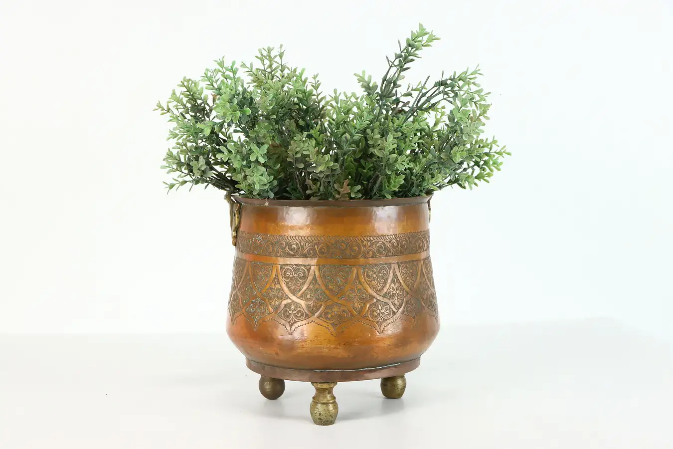 Main image of Copper Hand Engraved Vintage Farmhouse Pot or Bucket, Brass Feet & Handle