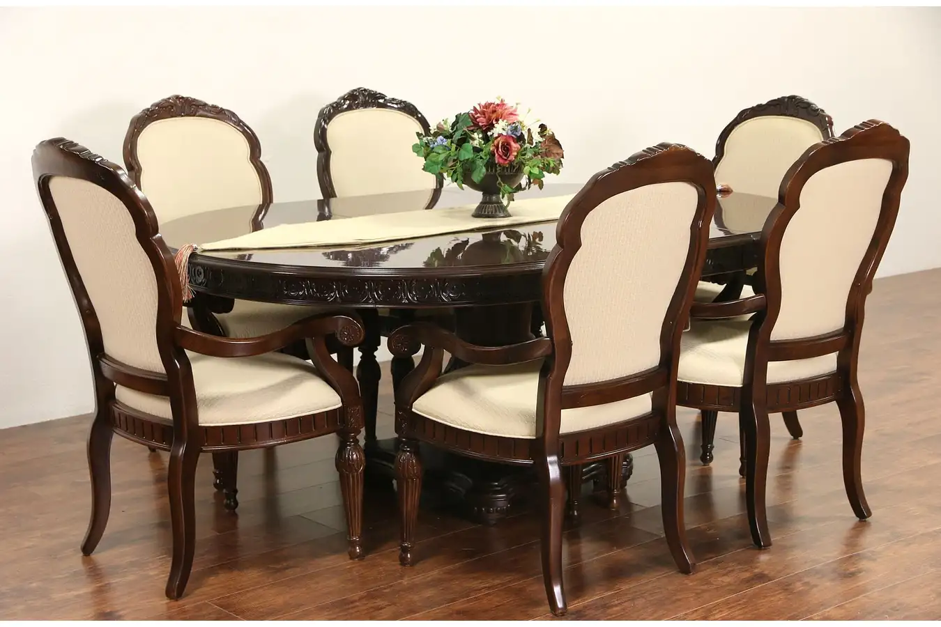 Main image of Bernhardt Signed Round Cherry Dining Set, Table & Leaf, 6 Armchairs