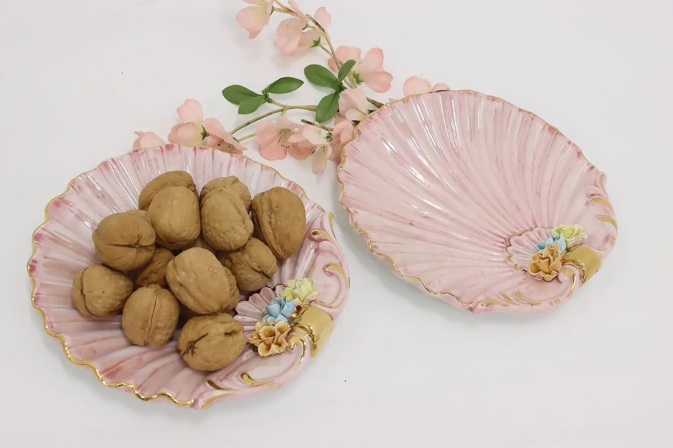 Main image of Pair of Italian Vintage Pink Seashell Plates with Flowers