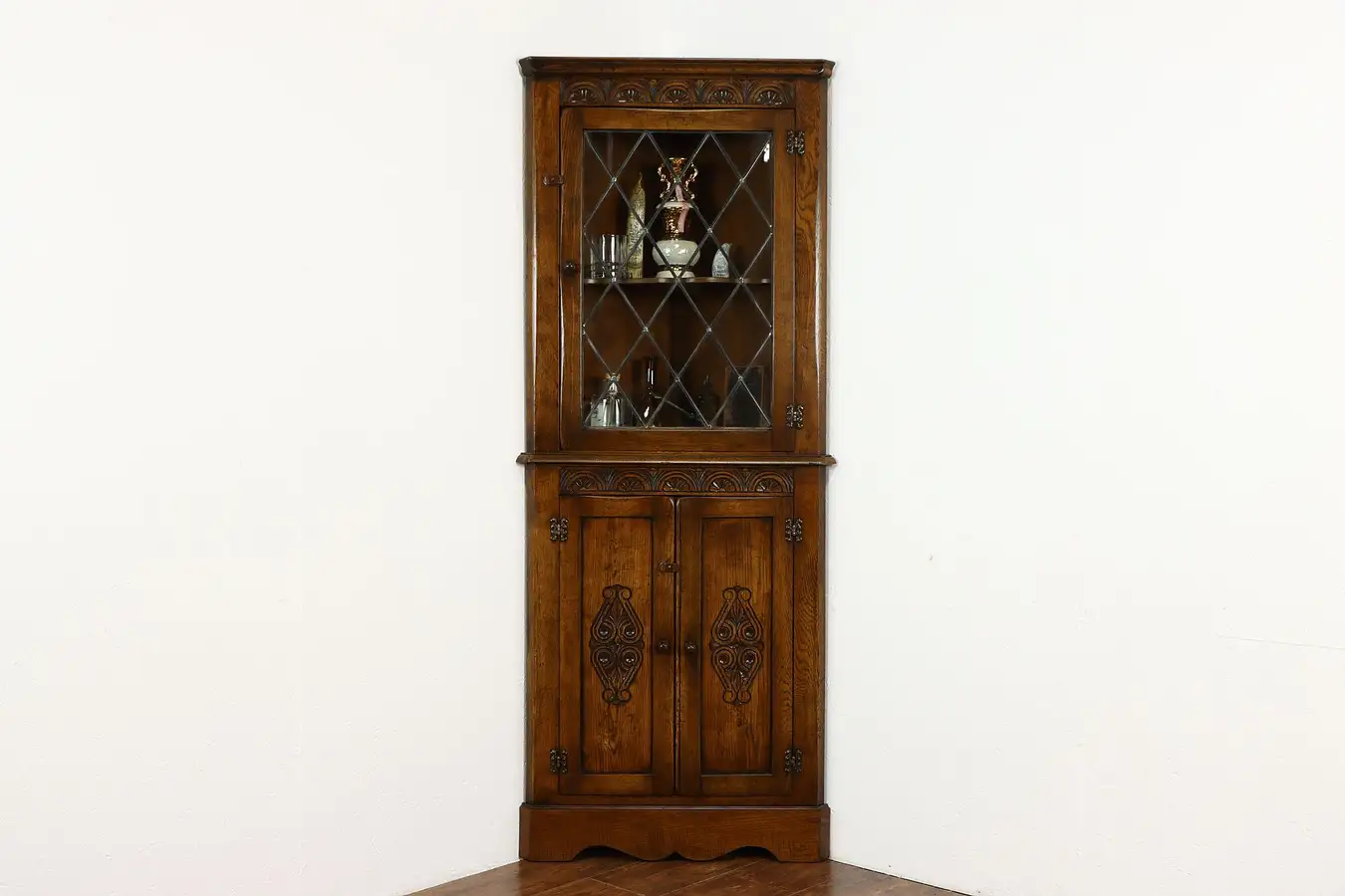 Main image of English Oak Antique Corner Cupboard or Cabinet, Leaded Glass, Reprodux