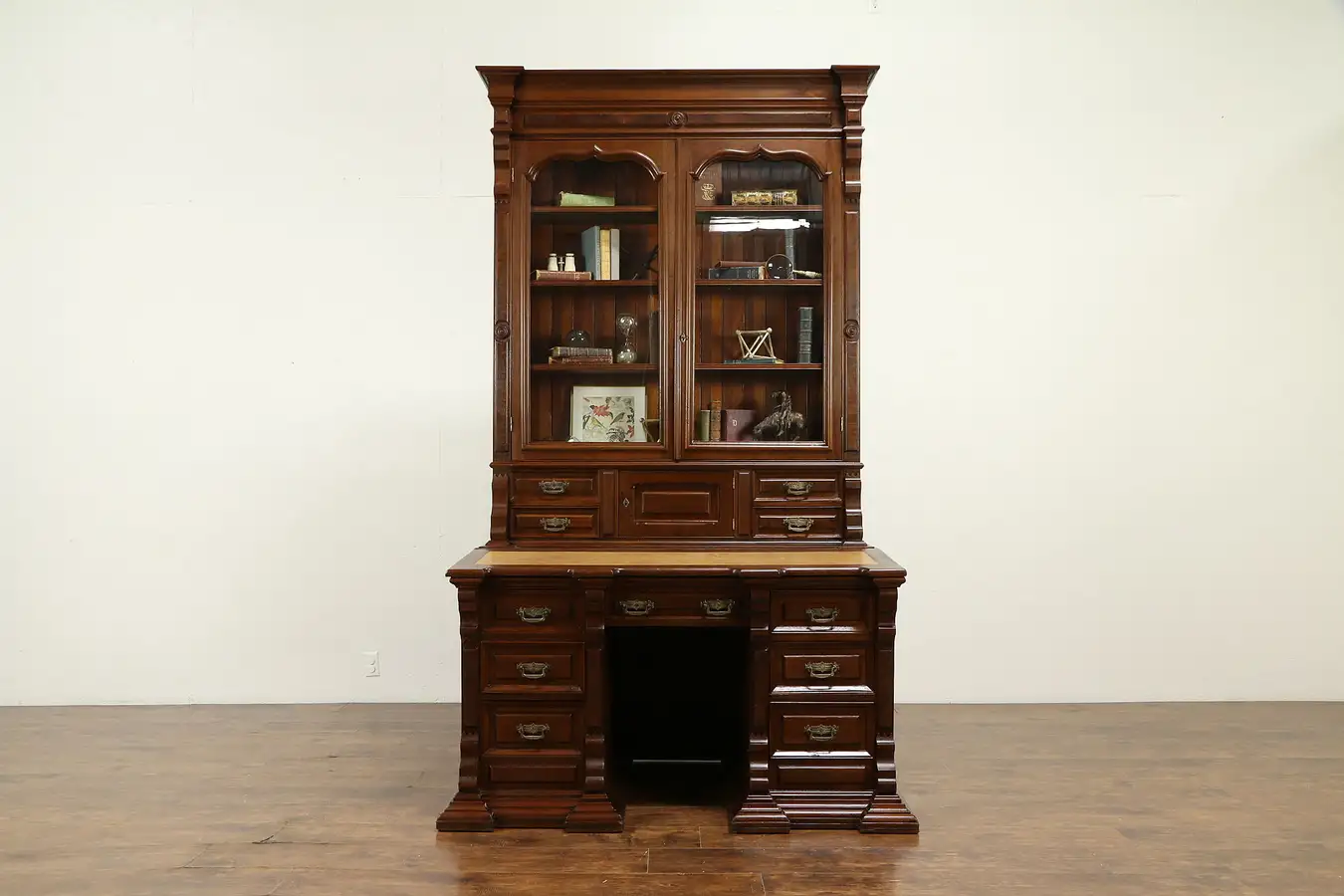 Main image of Victorian Antique Walnut Library Desk & Bookcase, Signed Bitten 1887