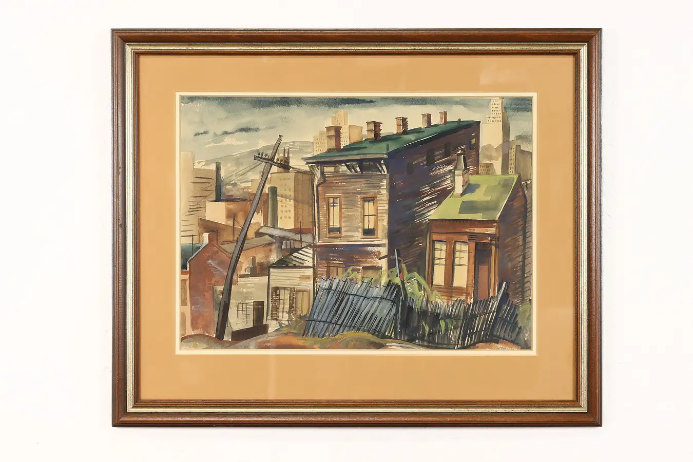 Main image of Bustling City Neighborhood Vintage Watercolor Painting, Signed 27.5"