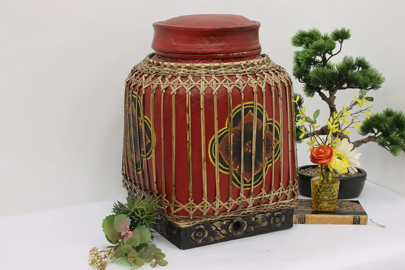 Main image of Asian Vintage Painted & Woven Red Bamboo Rice Container