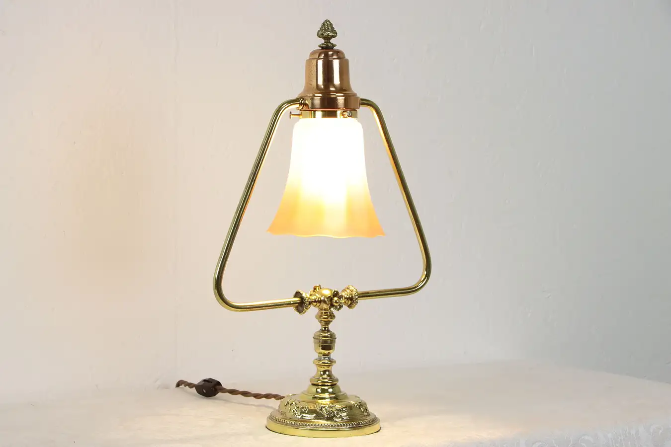 Main image of Brass & Copper Antique Embossed Desk Lamp, Art Glass Shade