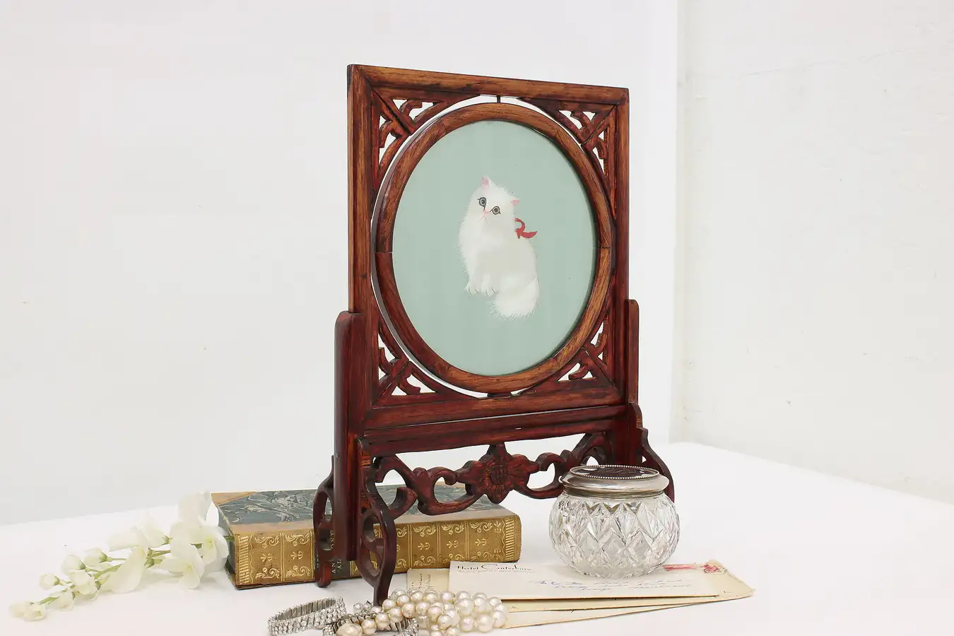 Main image of Chinese Vintage Embroidery Cat & Rosewood Stand