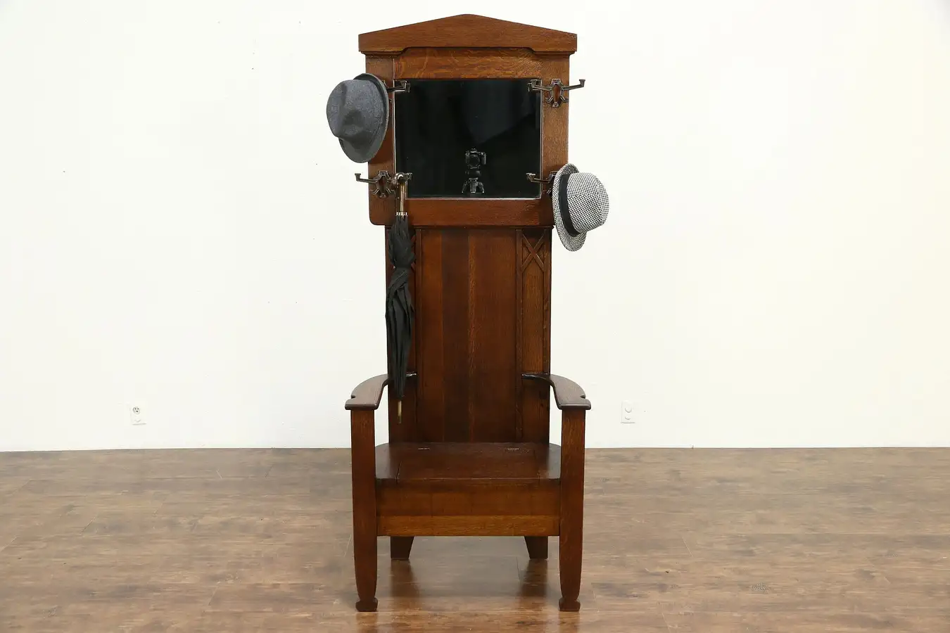 Main image of Arts & Crafts Mission Oak Antique 1900 Hall Stand, Bench & Mirror Signed Glanton