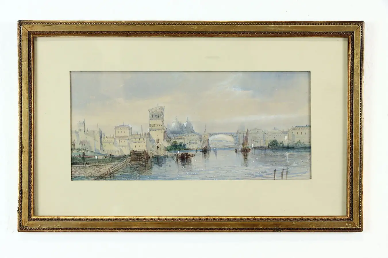 Main image of Harbor at Naples Italy Original Antique Watercolor Painting 20 1/2"