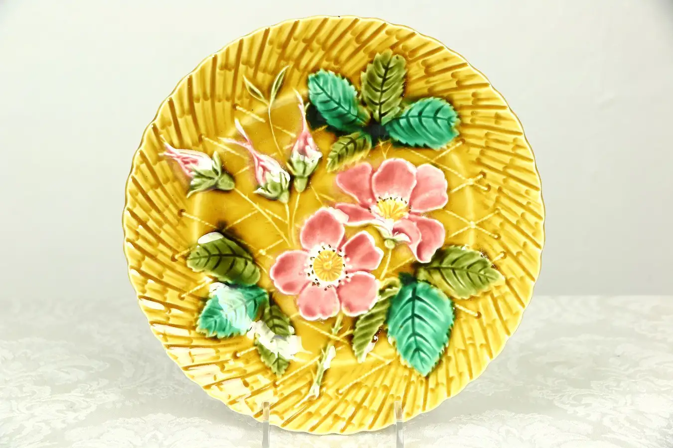 Main image of Majolica Hand Painted 1920's Antique 8 1/4" Flower Plate, Signed PV France