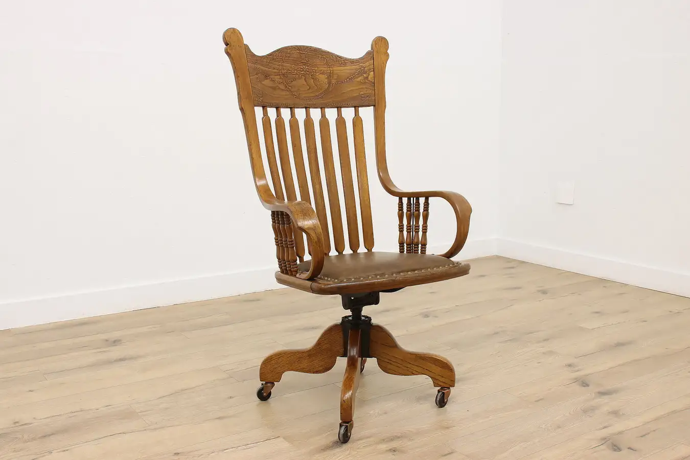 Main image of Victorian Antique Oak Leather Swivel Office Desk Chair Meyer