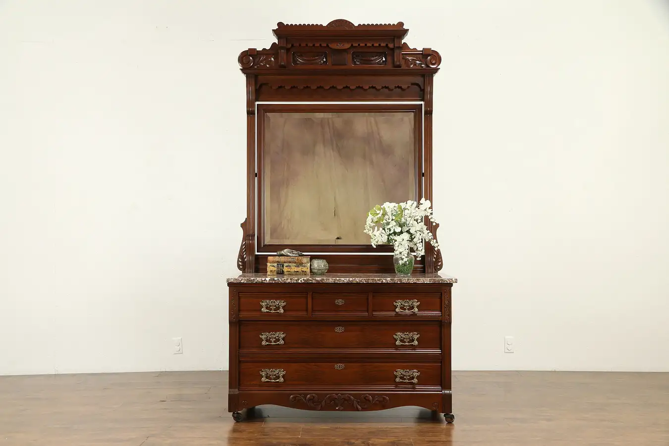 Main image of Victorian Antique Carved Walnut Chest or Dresser, Marble, Beveled Mirror