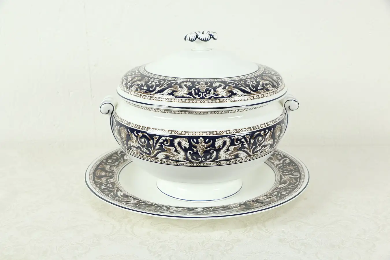 Main image of Wedgwood Cobalt Blue Florentine Pattern Tureen, Cover & Plate