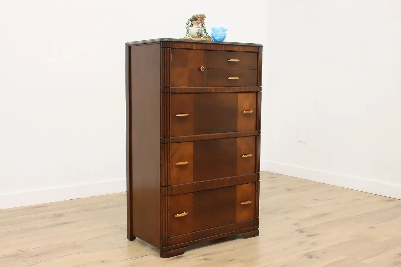 Main image of Art Deco Vintage Walnut & Inlay Tall Dresser Chest Bakelite