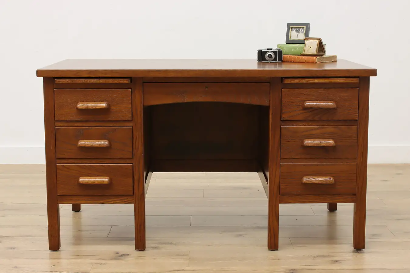 Main image of Traditional Vintage Oak Teacher Library or Office Desk