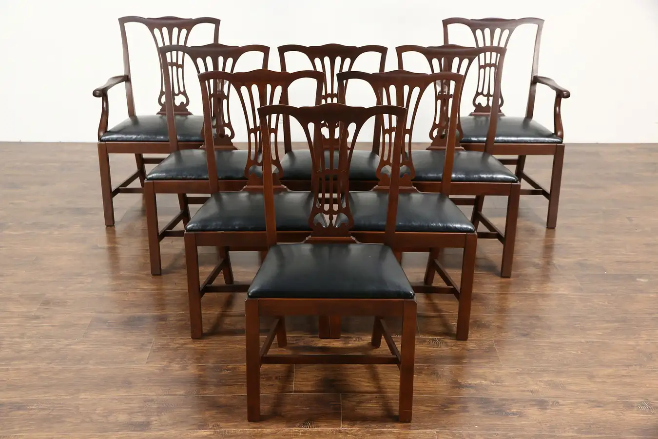 Main image of Set of 8 Georgian Vintage Mahogany Chairs, Black Leather, Unsigned Kittinger