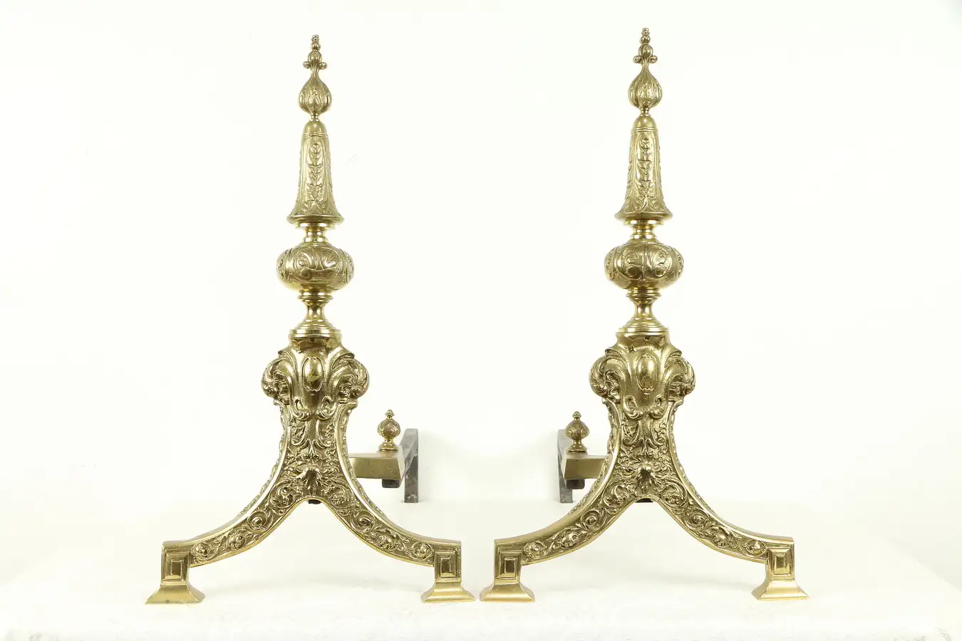 Main image of Pair of Brass Antique Fireplace Hearth Andirons, Iron Log Rests