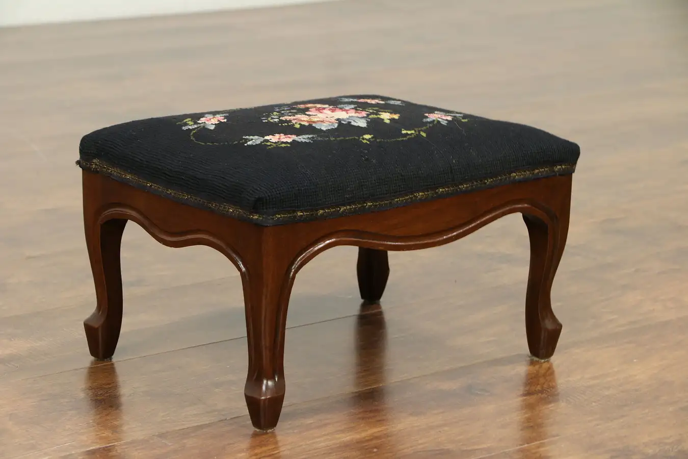 Main image of Walnut Carved Antique Footstool, Needlepoint Upholstery