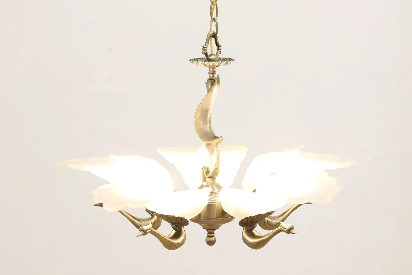 Main image of Art Deco Vintage Frosted Glass Shade 5 Light Chandelier, Peacocks
