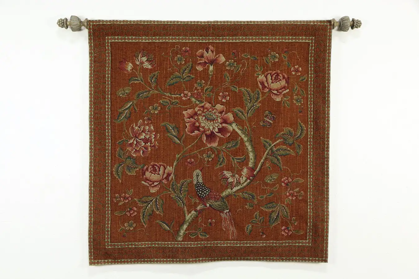 Main image of Flowers & Bird Vintage Tapestry with Carved Hanging Rod