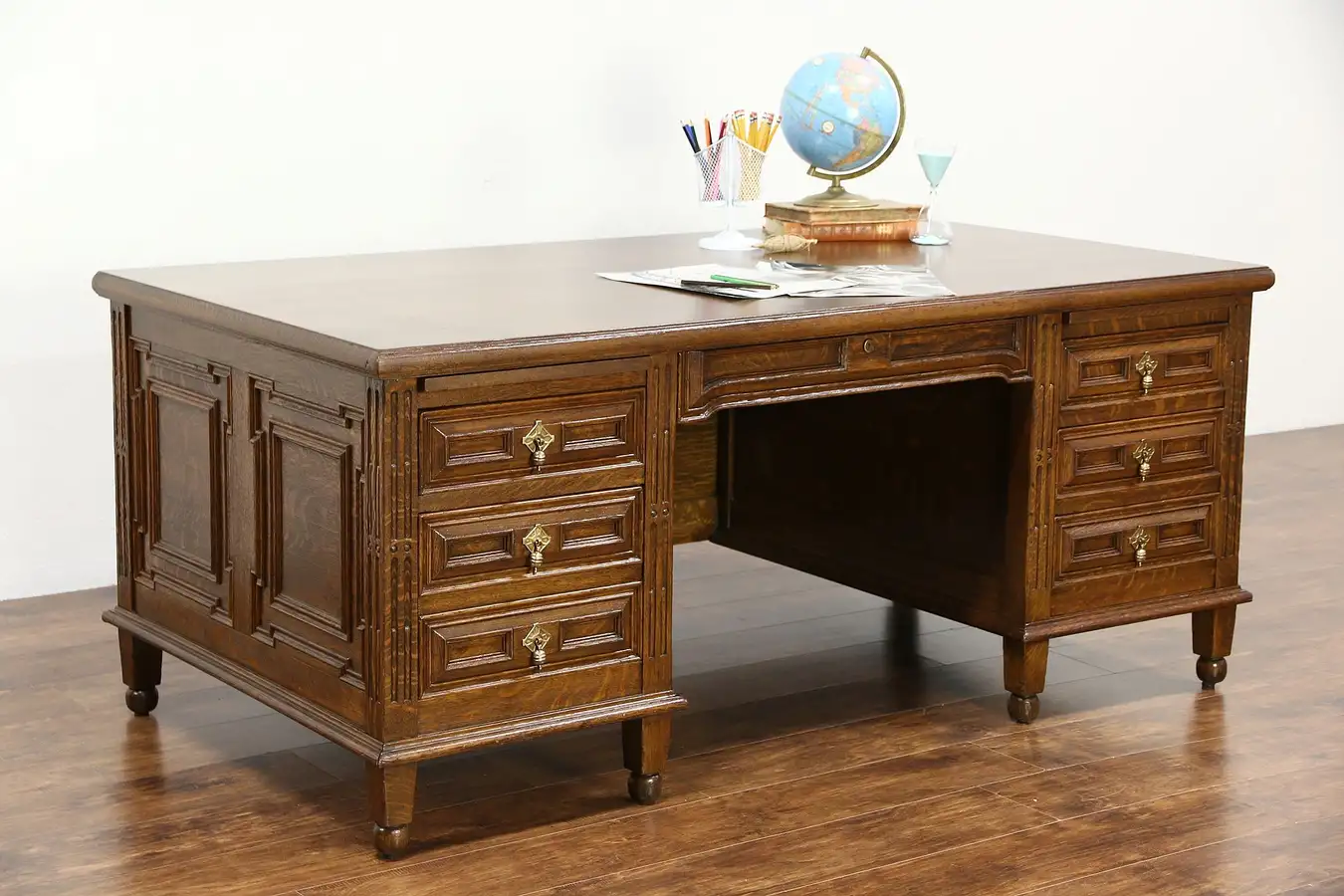 Main image of English Tudor 1930's Vintage Oak Executive or Library Desk, File Drawer