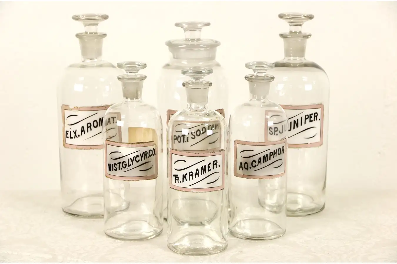 Main image of Set of 6 Antique 1880's Apothecary Medical Drug Store Jars, Pink Labels
