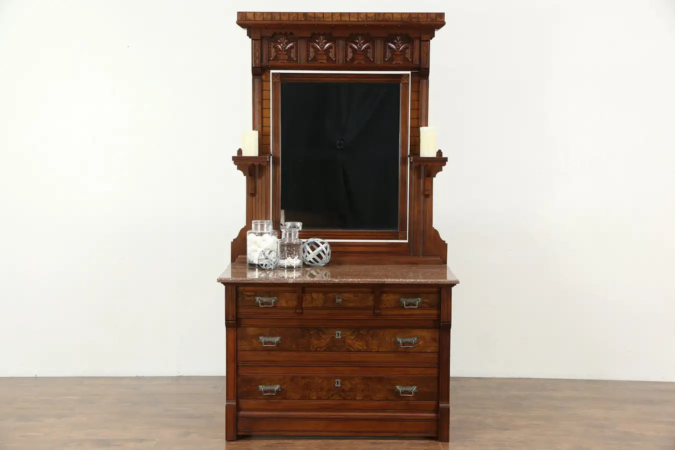 Main image of Victorian Eastlake 1880's Antique Walnut & Burl Chest or Dresser With Mirror