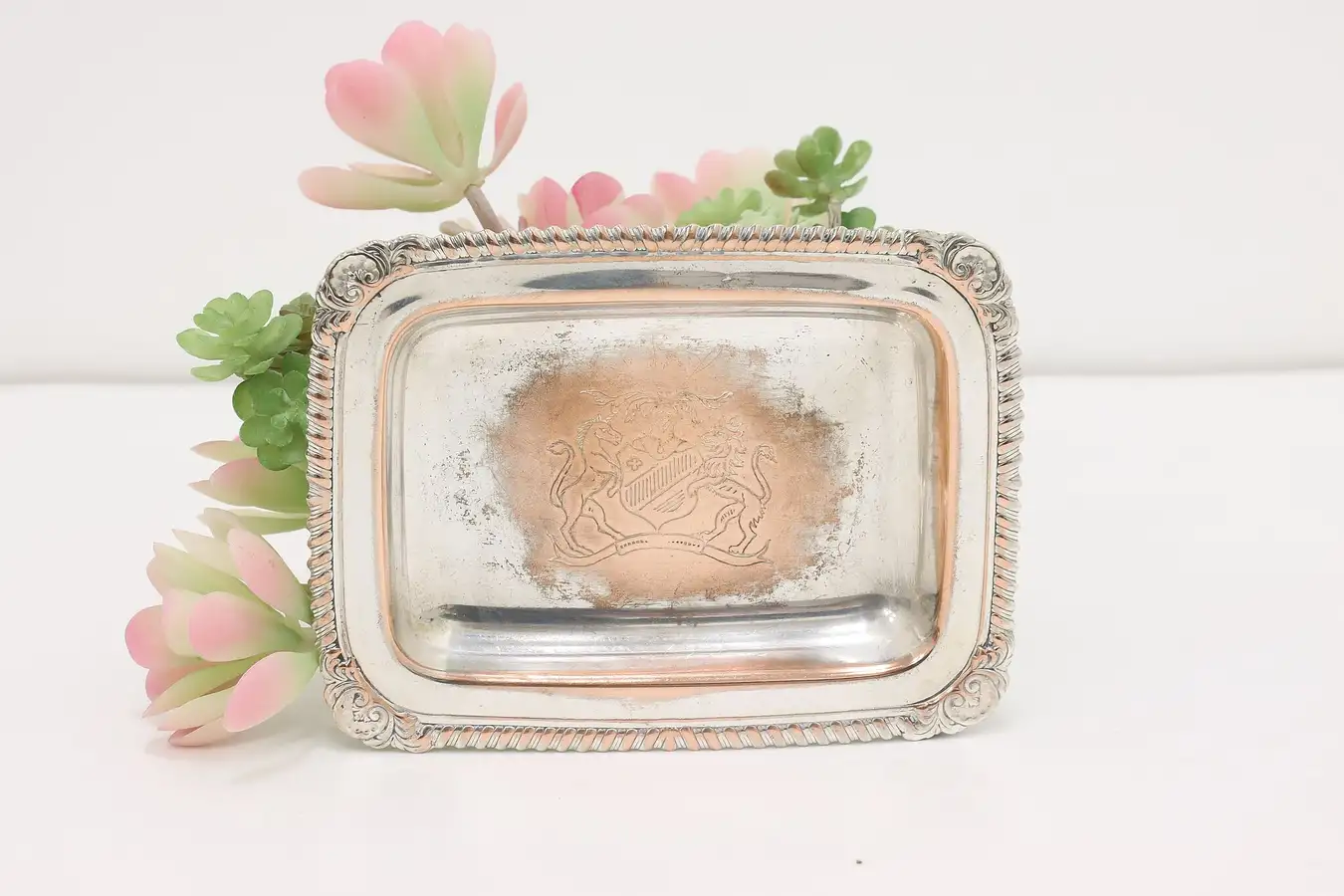 Main image of Victorian Antique English Silverplate Card Tray Coat of Arms