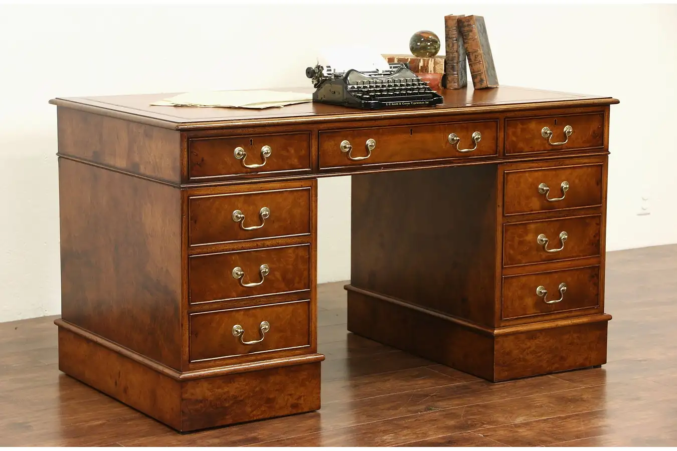 Main image of Library Desk, Vintage Walnut Burl & Tooled Leather