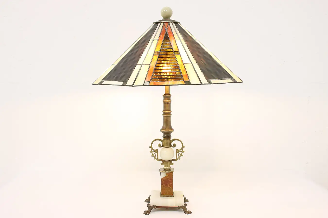Main image of Art Deco Antique Stained Glass Office or Library Lamp, Onyx Base