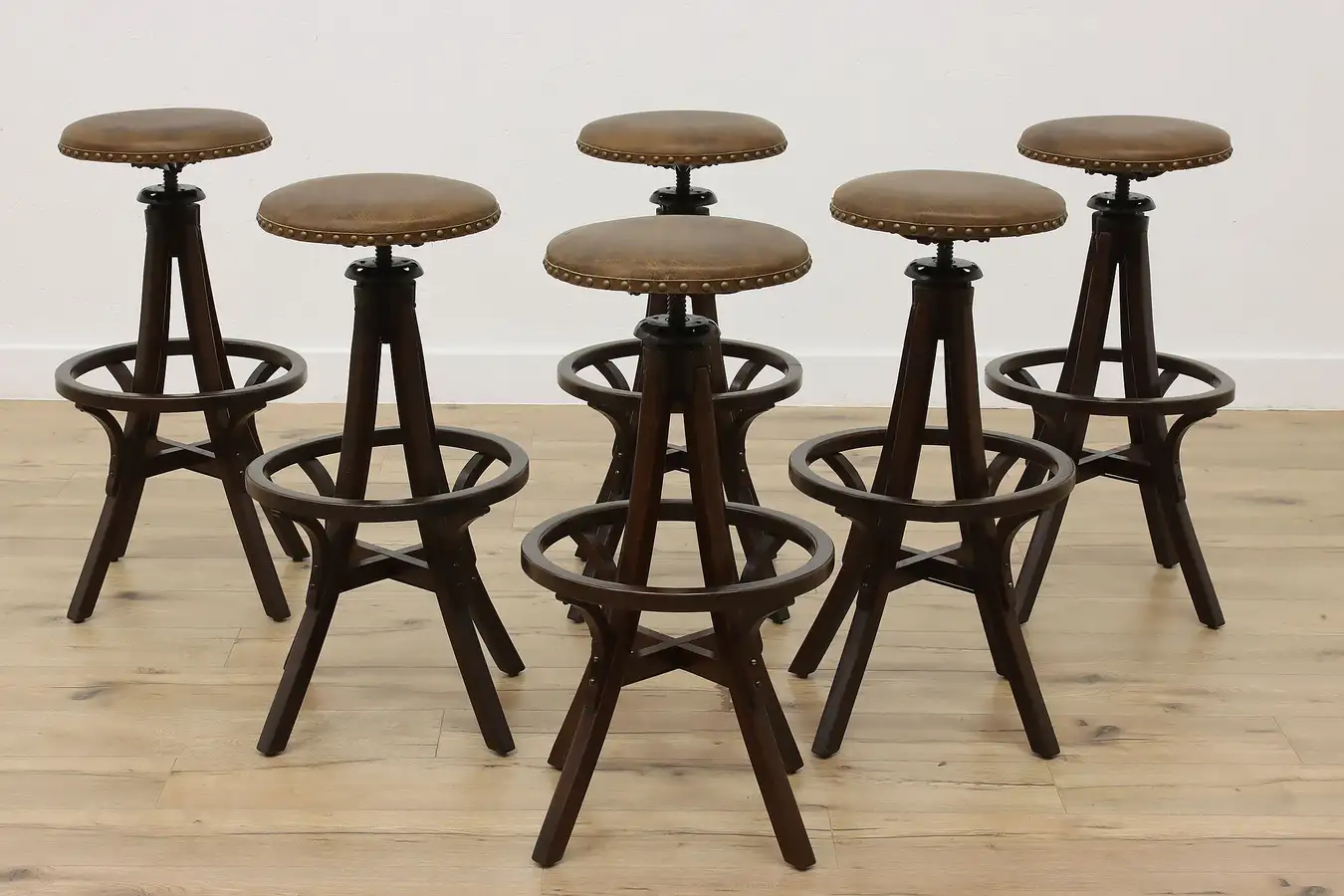 Main image of Set of 6 Antique Industrial Oak & Leather Architect Stools