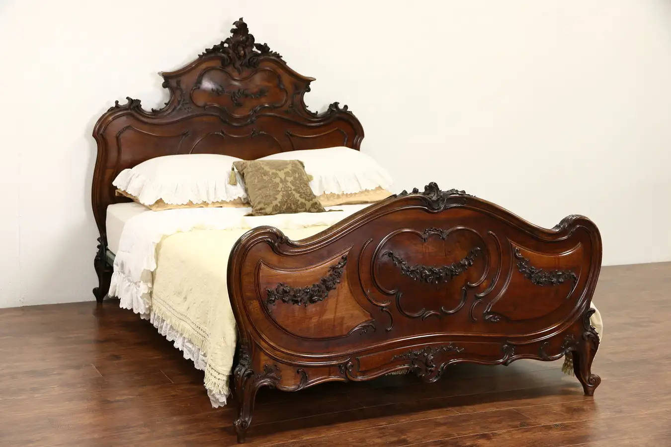 Main image of French Rococo 1890 Antique Carved Walnut Queen Size Bed